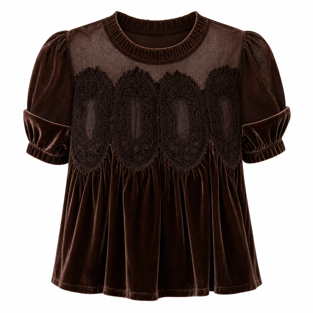 Who Says a Solid-Color Top Has to Be Boring? Women's Short Sleeve Blouse with a Charming Ruffle Collar, Delicate Lace Patchwork & Beautiful Pleated Details — A Lovely Way to Add Feminine Elegance to Your Everyday Wardrobe! 💕