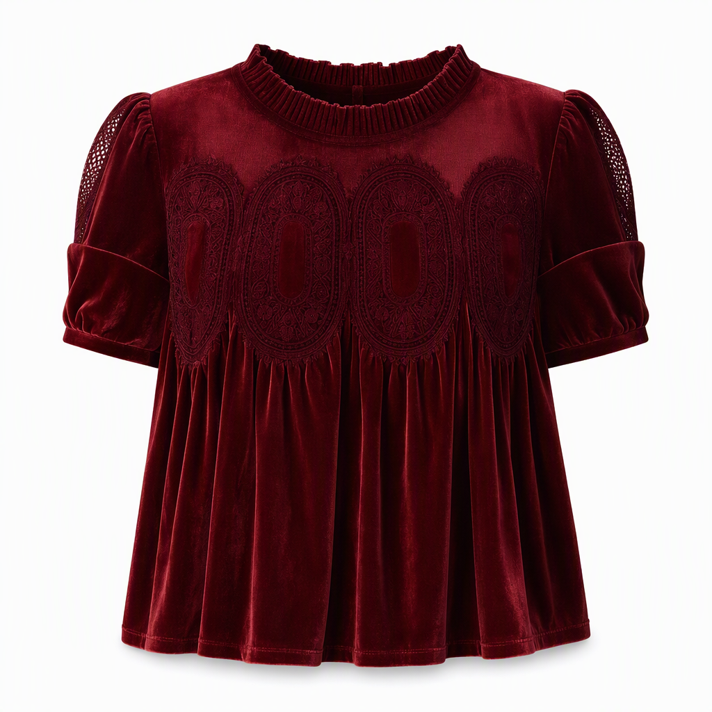 Who Says a Solid-Color Top Has to Be Boring? Women's Short Sleeve Blouse with a Charming Ruffle Collar, Delicate Lace Patchwork & Beautiful Pleated Details — A Lovely Way to Add Feminine Elegance to Your Everyday Wardrobe! 💕