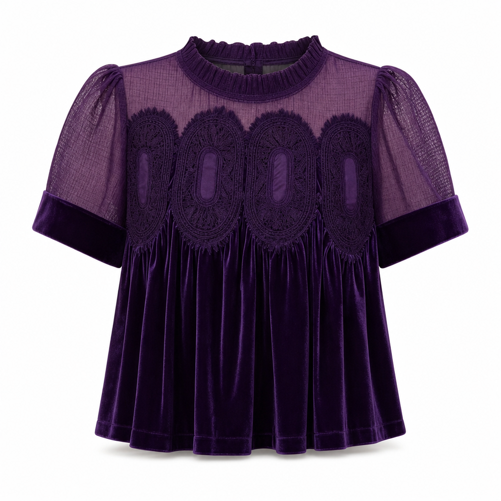 Who Says a Solid-Color Top Has to Be Boring? Women's Short Sleeve Blouse with a Charming Ruffle Collar, Delicate Lace Patchwork & Beautiful Pleated Details — A Lovely Way to Add Feminine Elegance to Your Everyday Wardrobe! 💕