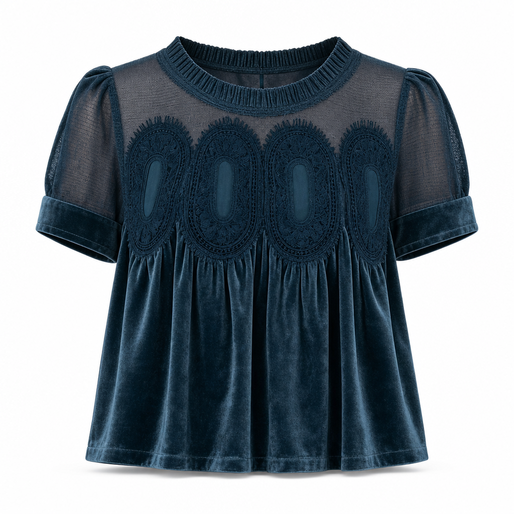 Who Says a Solid-Color Top Has to Be Boring? Women's Short Sleeve Blouse with a Charming Ruffle Collar, Delicate Lace Patchwork & Beautiful Pleated Details — A Lovely Way to Add Feminine Elegance to Your Everyday Wardrobe! 💕
