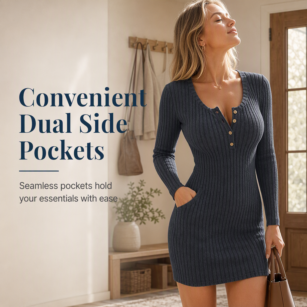 💖Black Friday Mega Deal – 50% off!💖 Womens Autumn Winter Solid Color Long Sleeve Slim Fit Bodycon Button Dress