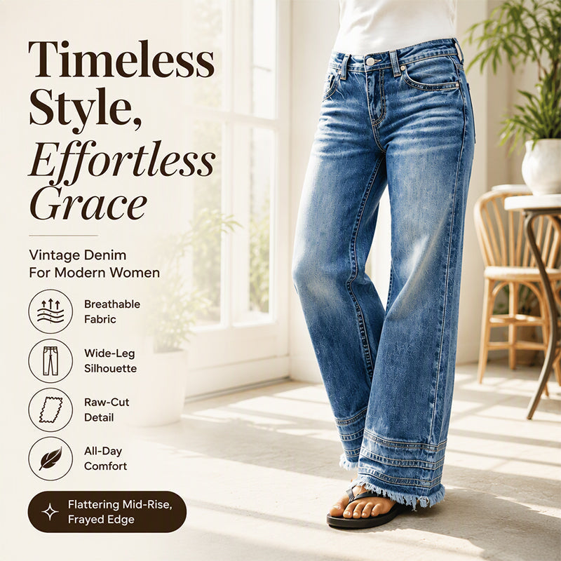 Rediscover the Charm of Vintage Denim — Women's Relaxed Wide-Leg Jeans with Trendy Raw-Hem Details, a Beautifully Easygoing Silhouette, and Timeless Everyday Style