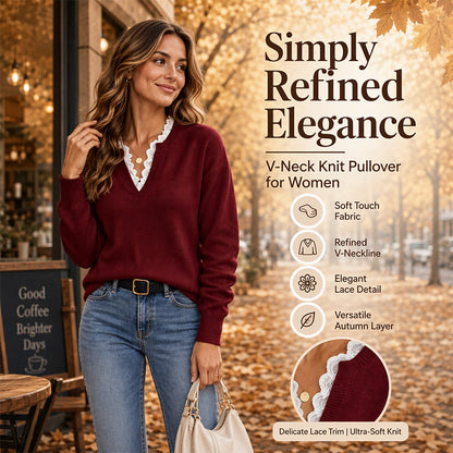 Why Settle for a Plain Sweater When You Can Look This Elegant? Women's Mock Neck Lace Trim Knit Sweater – Delicate Feminine Details, Refined Neckline & Beautiful Fall-to-Winter Style That Makes Everyday Outfits Feel Special!