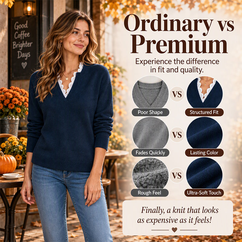 Why Settle for a Plain Sweater When You Can Look This Elegant? Women's Mock Neck Lace Trim Knit Sweater – Delicate Feminine Details, Refined Neckline & Beautiful Fall-to-Winter Style That Makes Everyday Outfits Feel Special!
