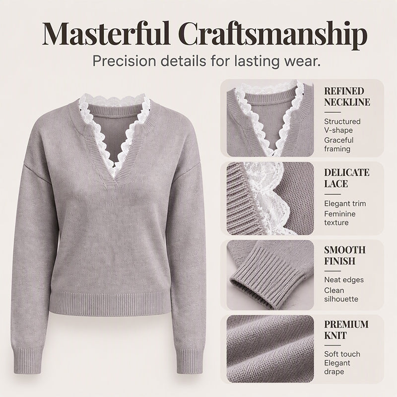 Why Settle for a Plain Sweater When You Can Look This Elegant? Women's Mock Neck Lace Trim Knit Sweater – Delicate Feminine Details, Refined Neckline & Beautiful Fall-to-Winter Style That Makes Everyday Outfits Feel Special!