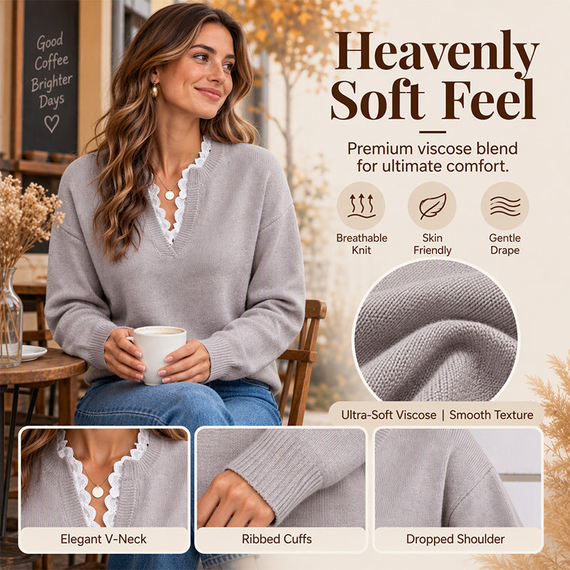 Why Settle for a Plain Sweater When You Can Look This Elegant? Women's Mock Neck Lace Trim Knit Sweater – Delicate Feminine Details, Refined Neckline & Beautiful Fall-to-Winter Style That Makes Everyday Outfits Feel Special!