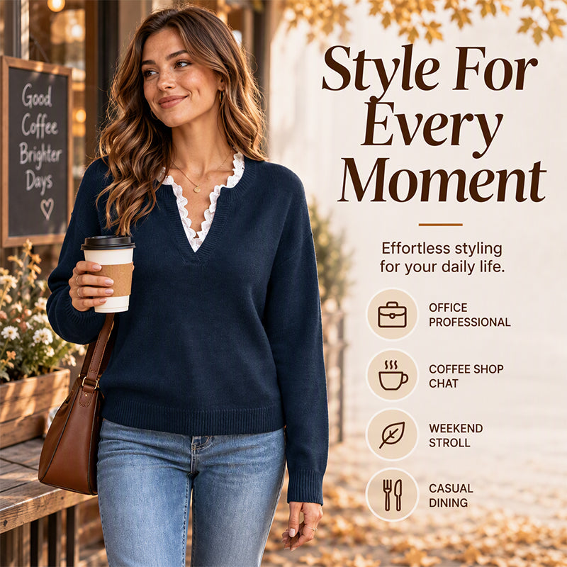Why Settle for a Plain Sweater When You Can Look This Elegant? Women's Mock Neck Lace Trim Knit Sweater – Delicate Feminine Details, Refined Neckline & Beautiful Fall-to-Winter Style That Makes Everyday Outfits Feel Special!