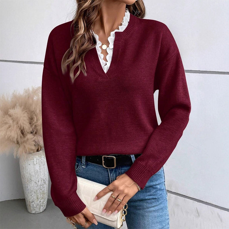 Why Settle for a Plain Sweater When You Can Look This Elegant? Women's Mock Neck Lace Trim Knit Sweater – Delicate Feminine Details, Refined Neckline & Beautiful Fall-to-Winter Style That Makes Everyday Outfits Feel Special!