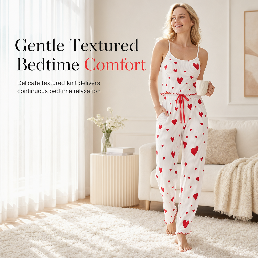 💖Black Friday Mega Deal – 50% off!💖🧸Womens 2 Piece Ribbed Pajama Set Heart Print Camisole Top and Long Pants Loungewear🏡