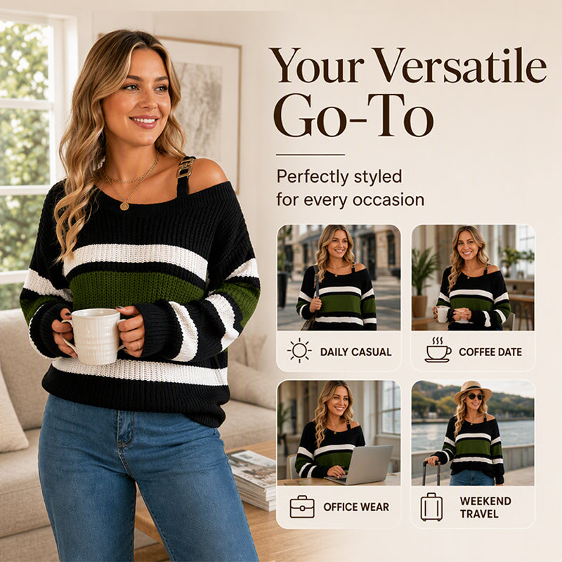 A Little Shoulder, A Lot of Charm! Women's Casual Off-Shoulder Striped Knit Sweater — Where Playful Neckline Details Meet Classic Stripes, Bringing a Beautifully Feminine Touch to Your Favorite Everyday Outfits