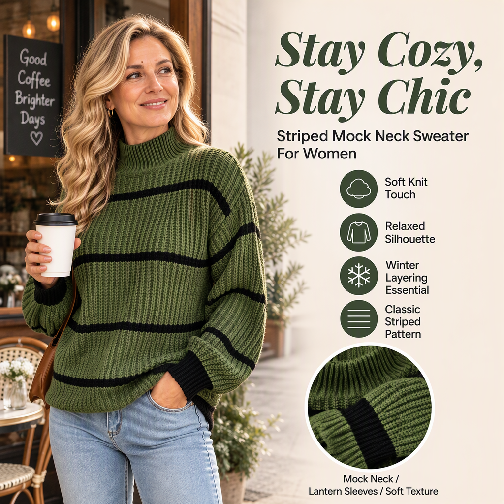 A Little Stripe, A Lot of Charm! Fall in Love with the Beautiful Mock-Neck Design, Classic Knitted Texture & Easy-to-Style Look That Makes This Sweater a Fall Wardrobe Favorite! ❤️