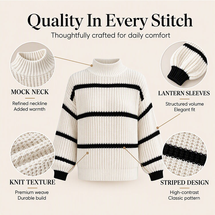 A Little Stripe, A Lot of Charm! Fall in Love with the Beautiful Mock-Neck Design, Classic Knitted Texture & Easy-to-Style Look That Makes This Sweater a Fall Wardrobe Favorite! ❤️