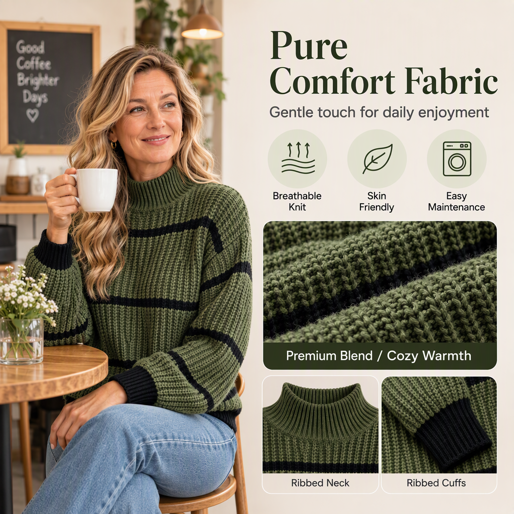 A Little Stripe, A Lot of Charm! Fall in Love with the Beautiful Mock-Neck Design, Classic Knitted Texture & Easy-to-Style Look That Makes This Sweater a Fall Wardrobe Favorite! ❤️