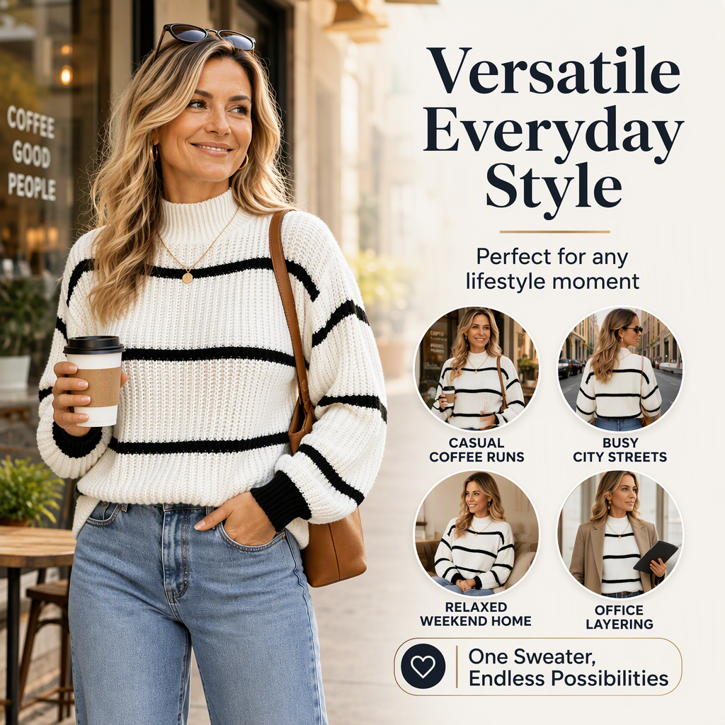 A Little Stripe, A Lot of Charm! Fall in Love with the Beautiful Mock-Neck Design, Classic Knitted Texture & Easy-to-Style Look That Makes This Sweater a Fall Wardrobe Favorite! ❤️