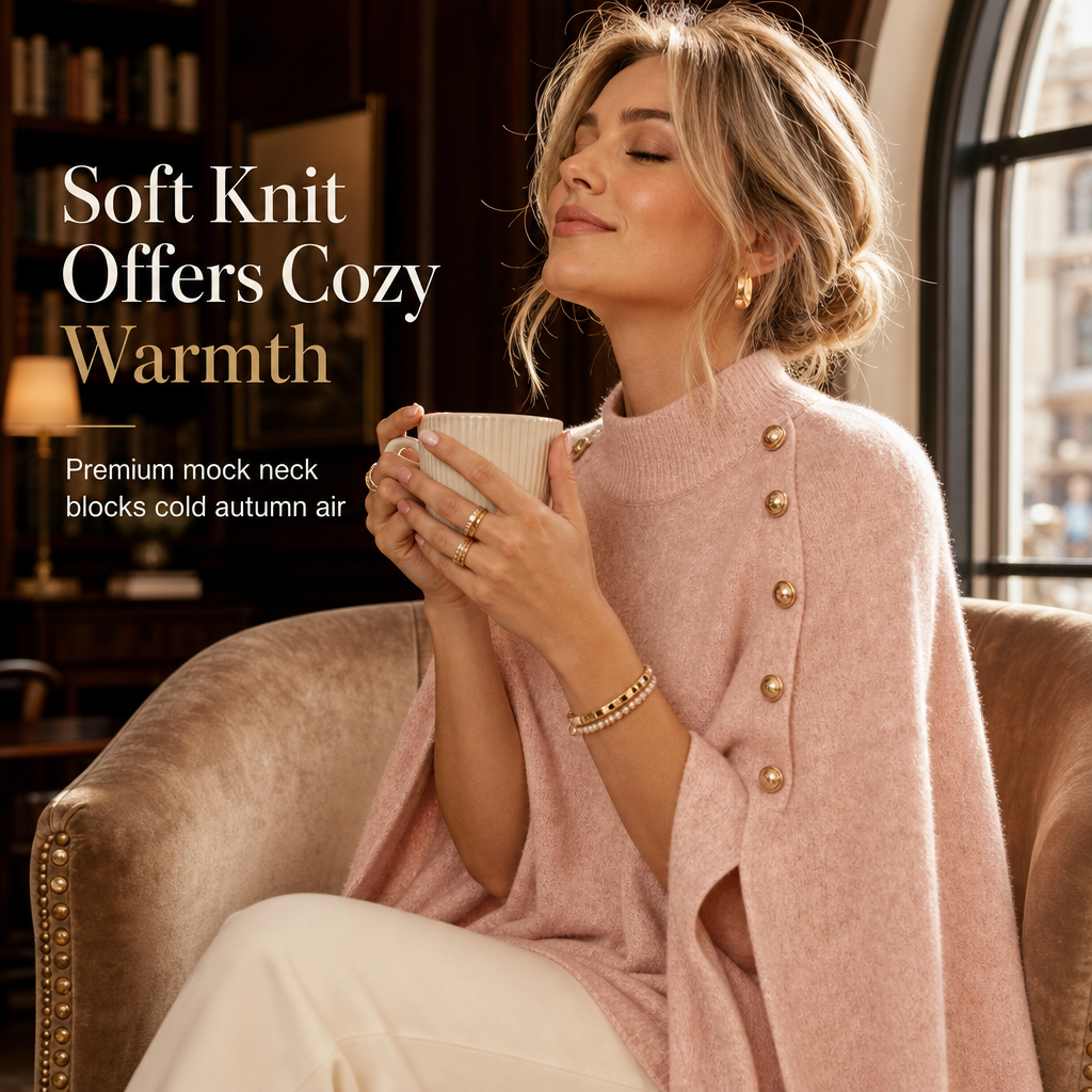 Tired of Tight Sweaters That Cling to Your Body? Wrap Yourself in Comfort & Elegance! Women's Buttoned Knit Cape Poncho Sweater – Relaxed, Flattering Silhouette with Beautiful Button Details for Effortless Fall & Winter Style! 🍂