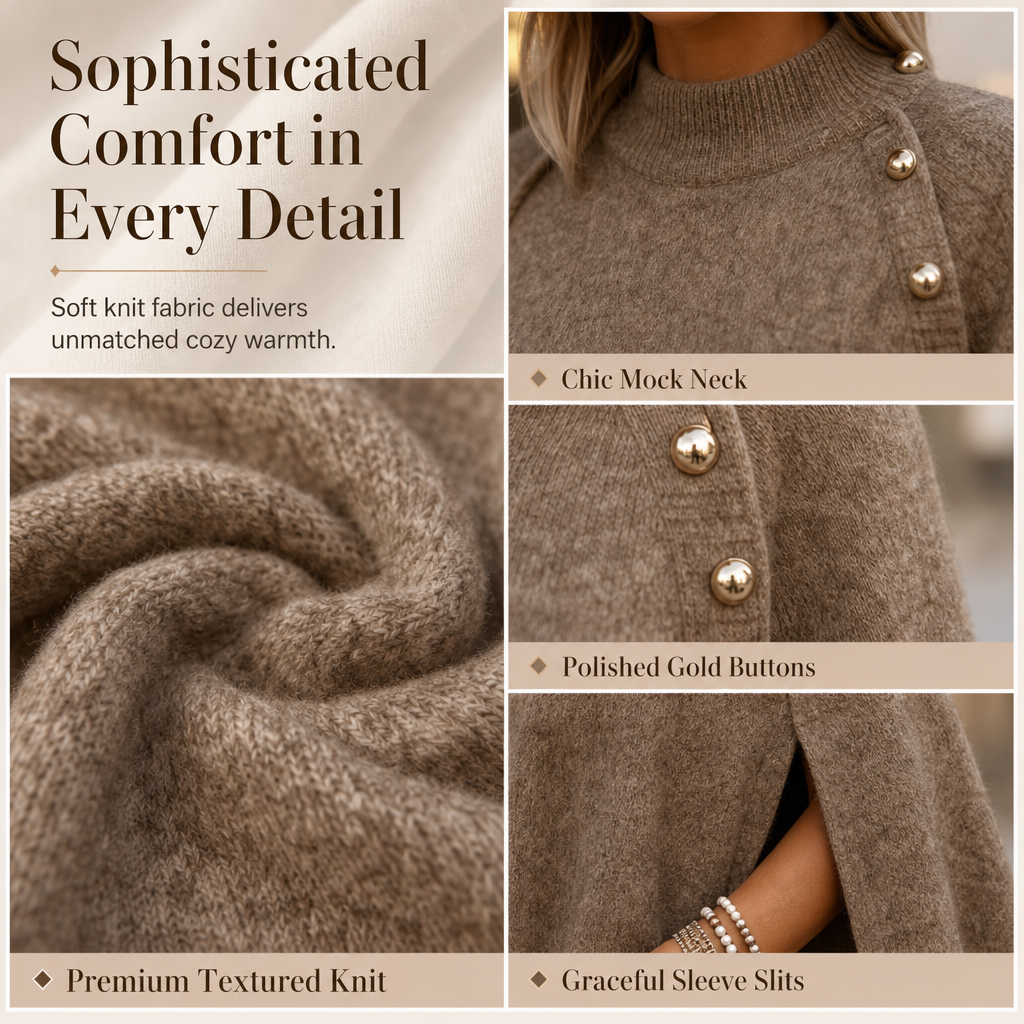 Tired of Tight Sweaters That Cling to Your Body? Wrap Yourself in Comfort & Elegance! Women's Buttoned Knit Cape Poncho Sweater – Relaxed, Flattering Silhouette with Beautiful Button Details for Effortless Fall & Winter Style! 🍂