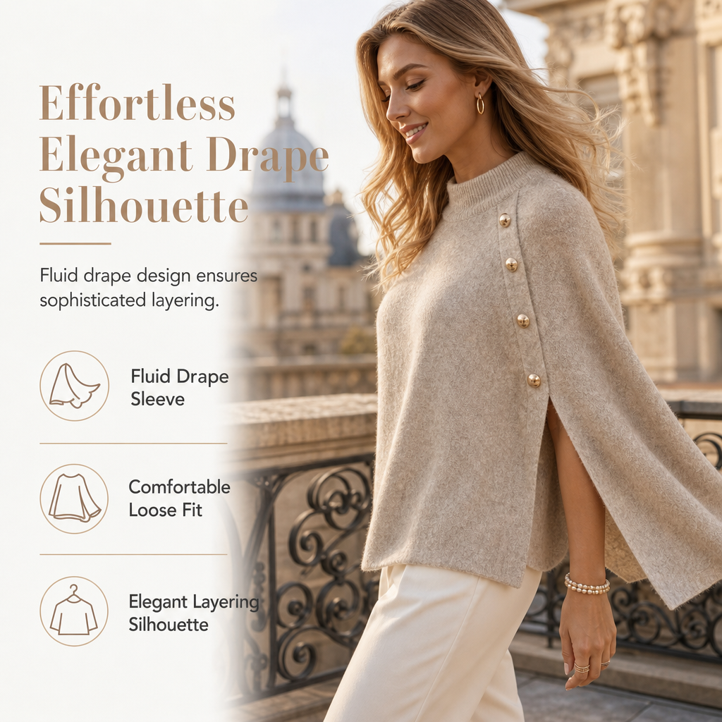 Tired of Tight Sweaters That Cling to Your Body? Wrap Yourself in Comfort & Elegance! Women's Buttoned Knit Cape Poncho Sweater – Relaxed, Flattering Silhouette with Beautiful Button Details for Effortless Fall & Winter Style! 🍂