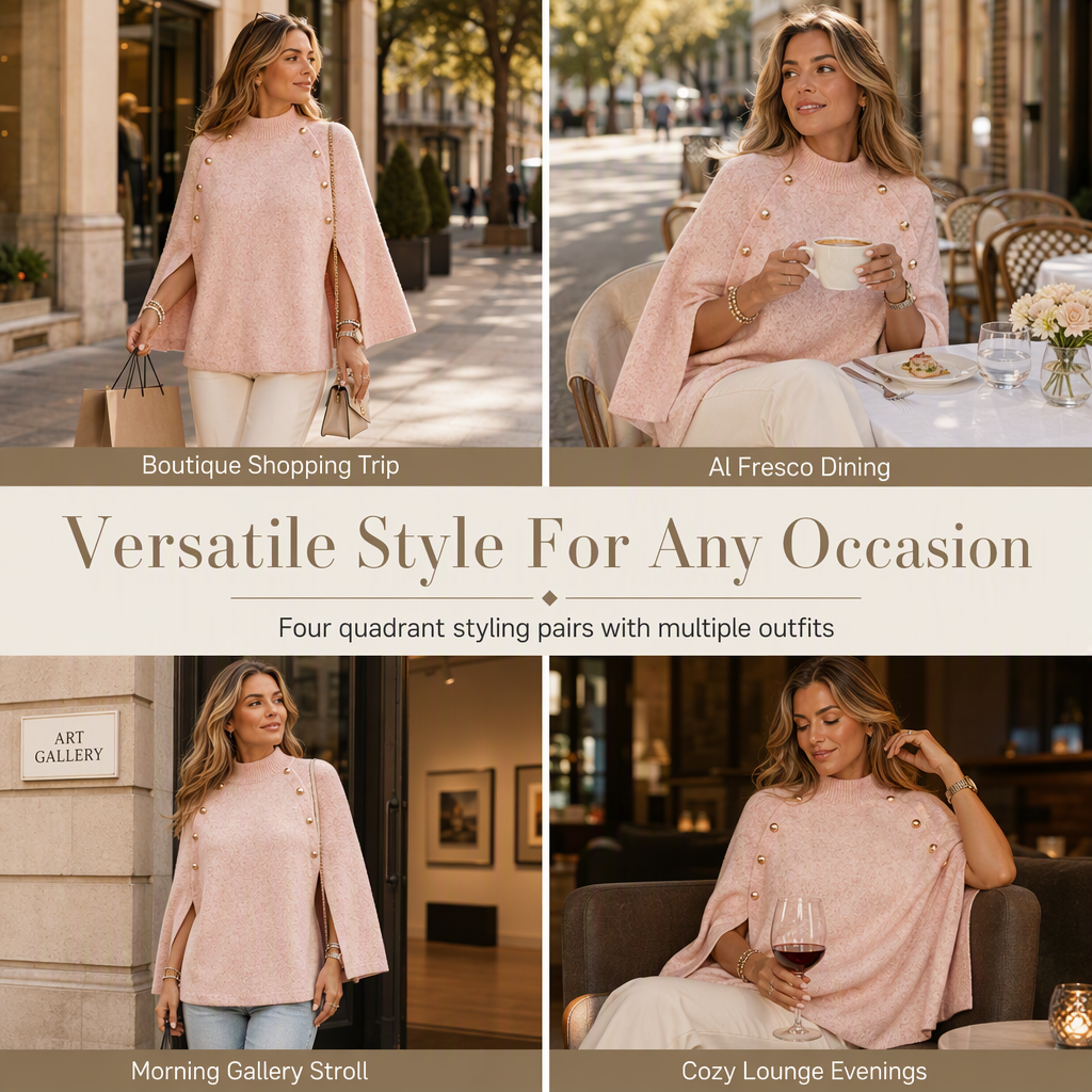 Tired of Tight Sweaters That Cling to Your Body? Wrap Yourself in Comfort & Elegance! Women's Buttoned Knit Cape Poncho Sweater – Relaxed, Flattering Silhouette with Beautiful Button Details for Effortless Fall & Winter Style! 🍂