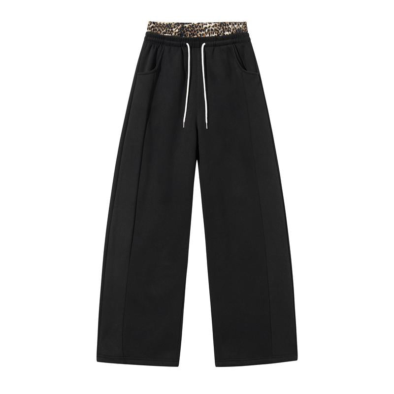 Basic Sweatpants Could Never Look This Good! Women's Leopard Waistband Wide-Leg Sweatpants – Bold Y2K Street Style, Relaxed Fit, Trendy Contrast Details & Effortless Everyday Comfort!