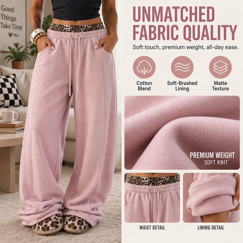 Basic Sweatpants Could Never Look This Good! Women's Leopard Waistband Wide-Leg Sweatpants – Bold Y2K Street Style, Relaxed Fit, Trendy Contrast Details & Effortless Everyday Comfort!