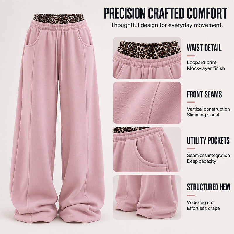 Basic Sweatpants Could Never Look This Good! Women's Leopard Waistband Wide-Leg Sweatpants – Bold Y2K Street Style, Relaxed Fit, Trendy Contrast Details & Effortless Everyday Comfort!
