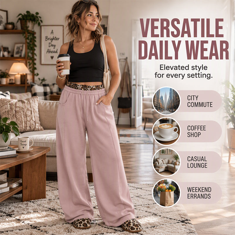 Basic Sweatpants Could Never Look This Good! Women's Leopard Waistband Wide-Leg Sweatpants – Bold Y2K Street Style, Relaxed Fit, Trendy Contrast Details & Effortless Everyday Comfort!