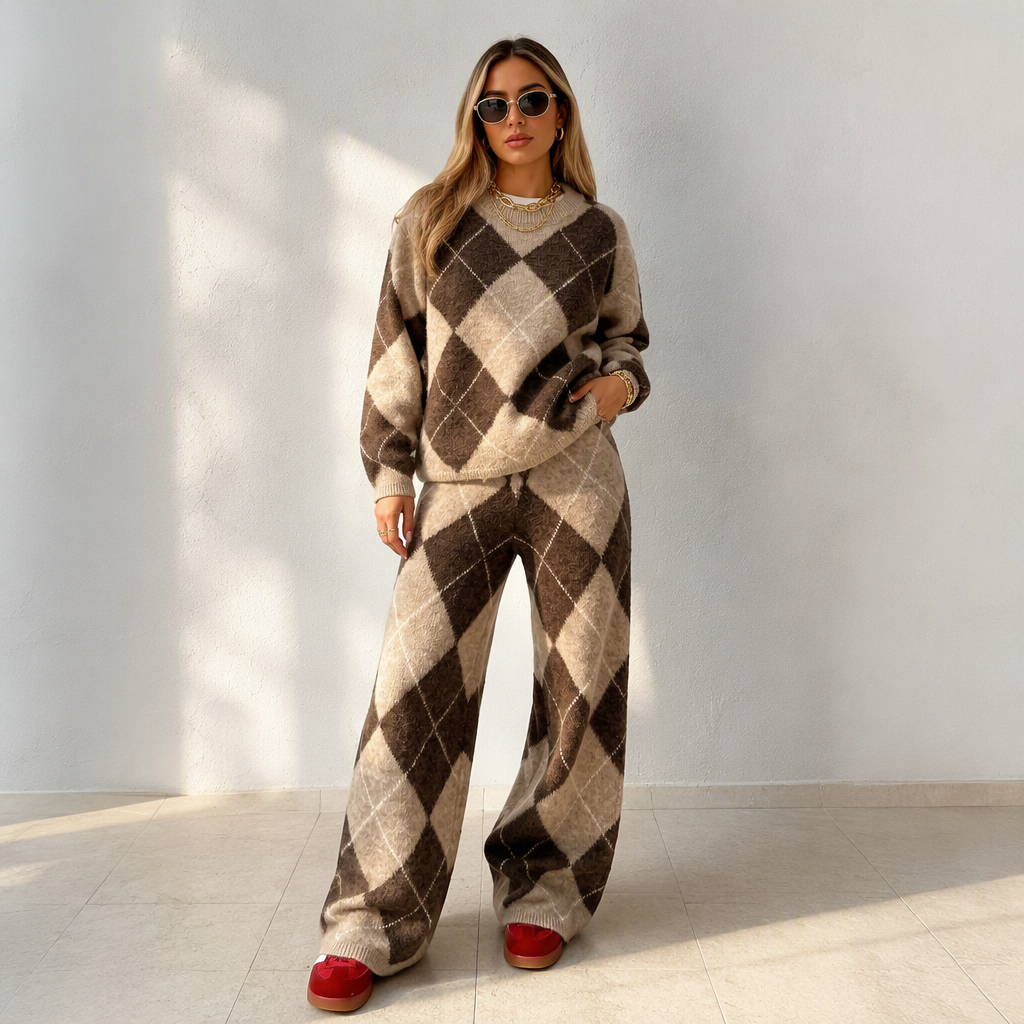 ✨ Women's Argyle Knit Sweater & Wide-Leg Pants 2-Piece Set – Soft, Breathable Knit, Classic Diamond Pattern & Relaxed Comfort for Chic Everyday Outfits! 🍂
