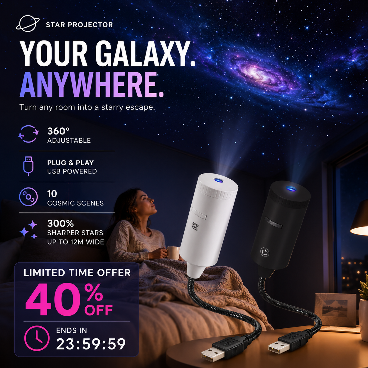 🌌🌙 USB Galaxy Moon Projector Night Light – Rotating Starry Sky, Soothing Sleep Ambience ✨✅